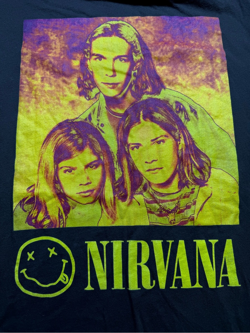 NIRVANA Brown Tee with Neon Yellow & Purple Band Portrait